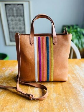 Madewell Tan Zip Top Transport Crossbody Leather Tote Bag Multicolor Stripe